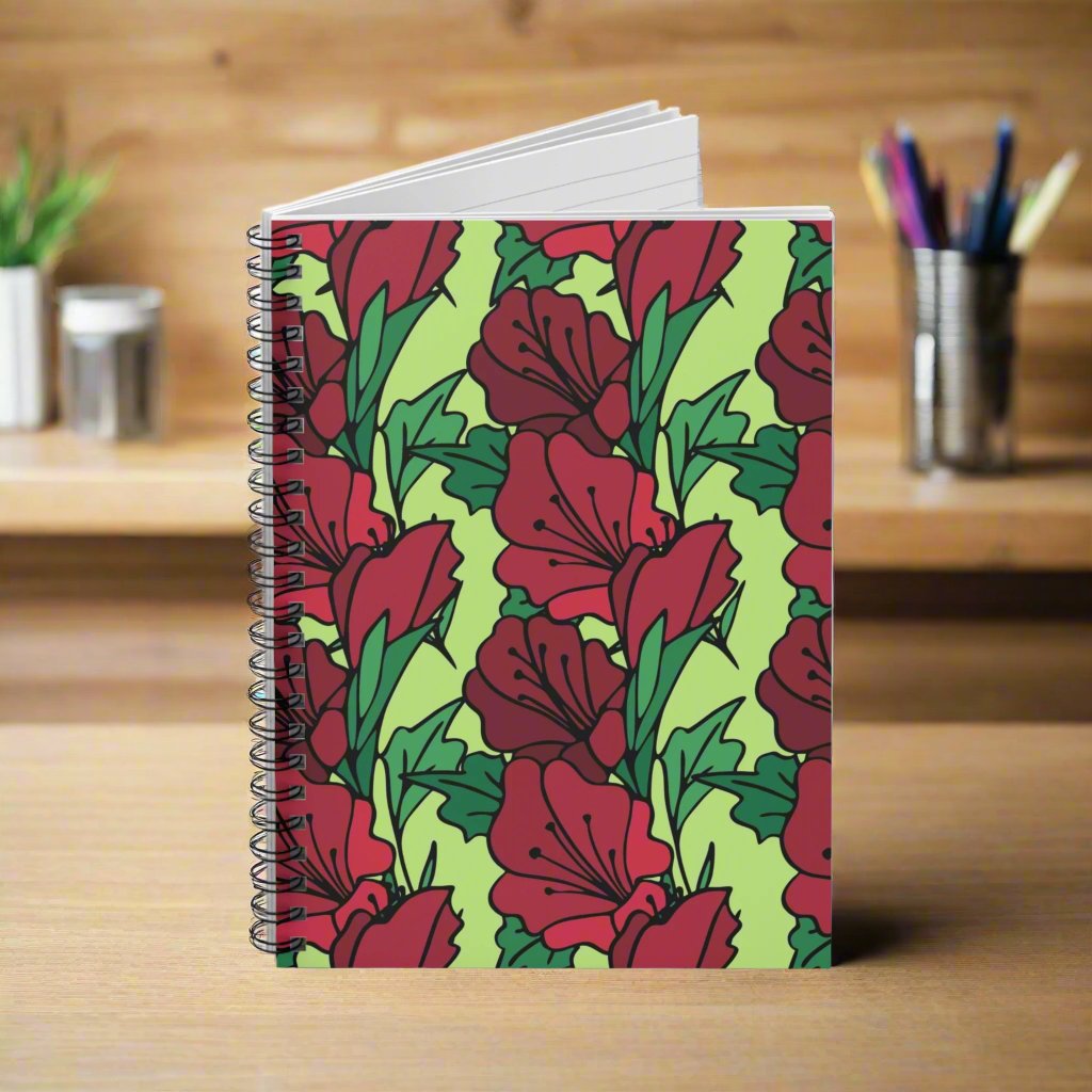 Spiral Notebook: Art Deco Style Red Flowers