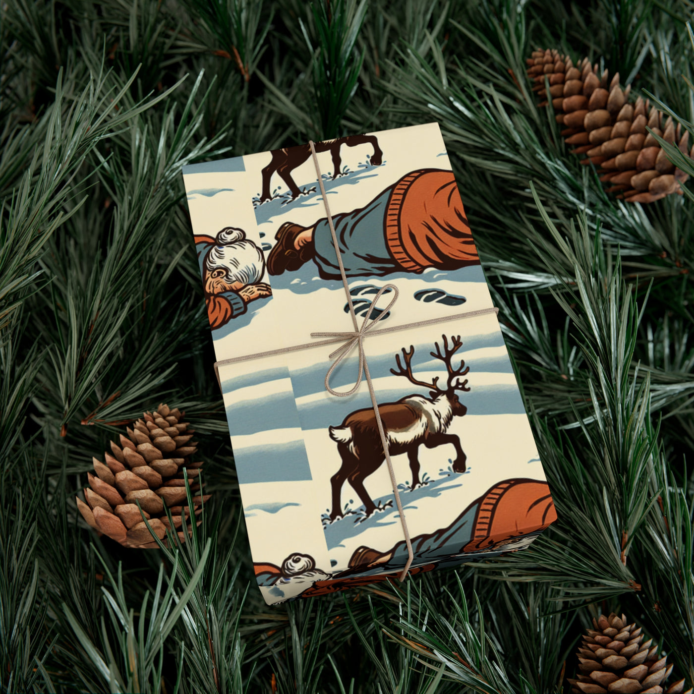 Gift wrap with a vintage illustration of a reindeer and a person in the snow.