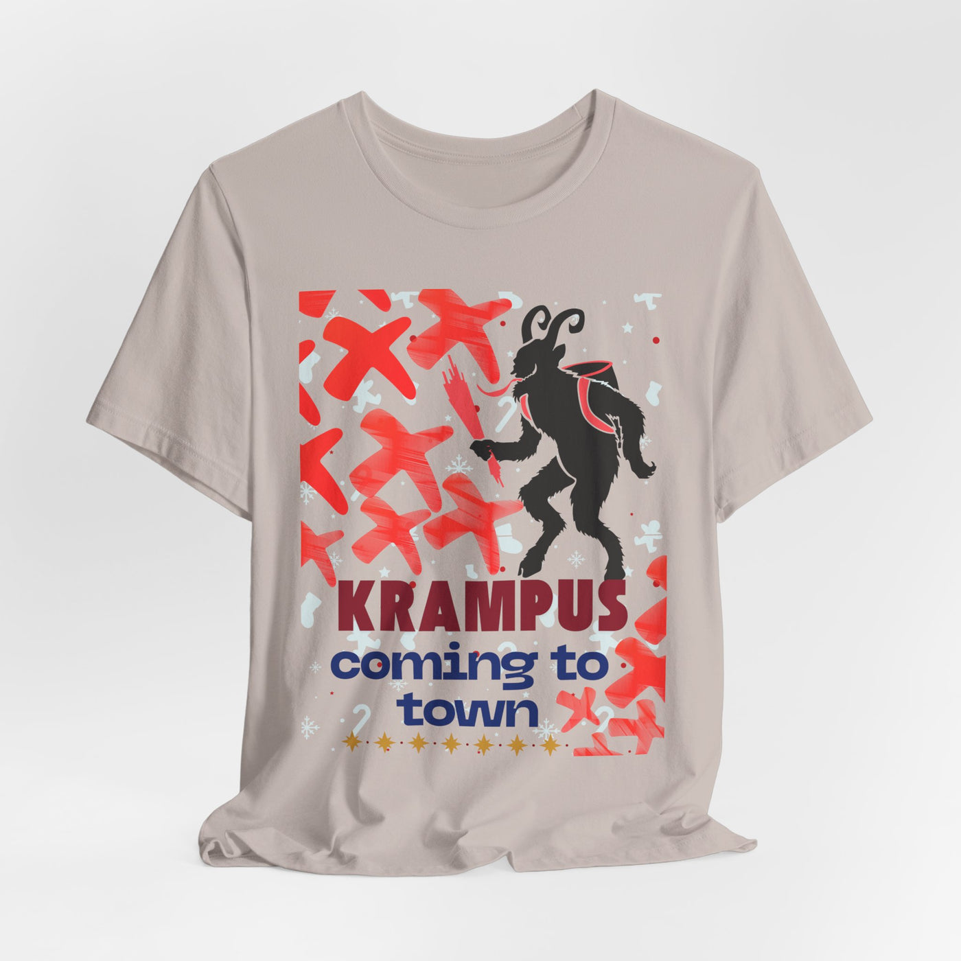 A tan t-shirt with a black silhouette of Krampus and the text "Krampus coming to town".