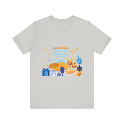 Light gray t-shirt with a colorful Hanukkah graphic.
