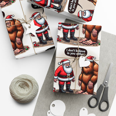 Wrapping paper with Santa and Bigfoot illustrations and the text "I don't believe in you either".