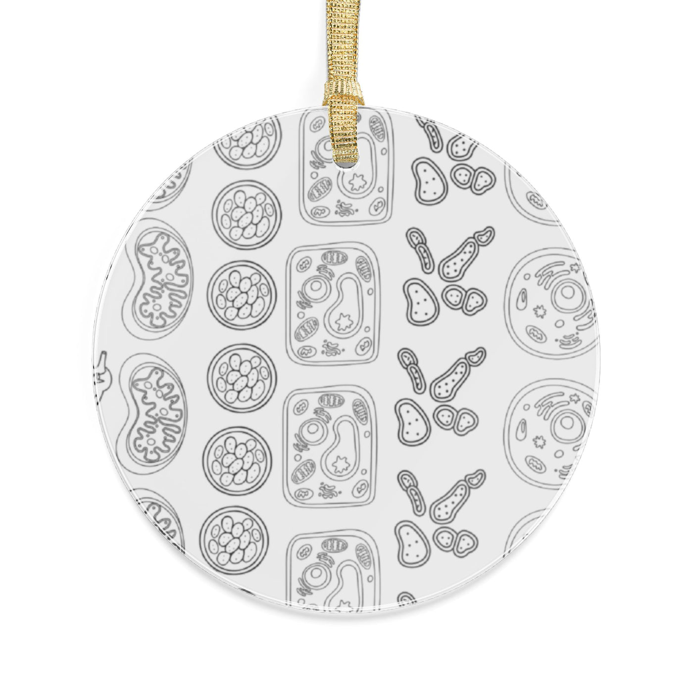 Round ornament with a pattern of scientific cell drawings and a gold ribbon.
