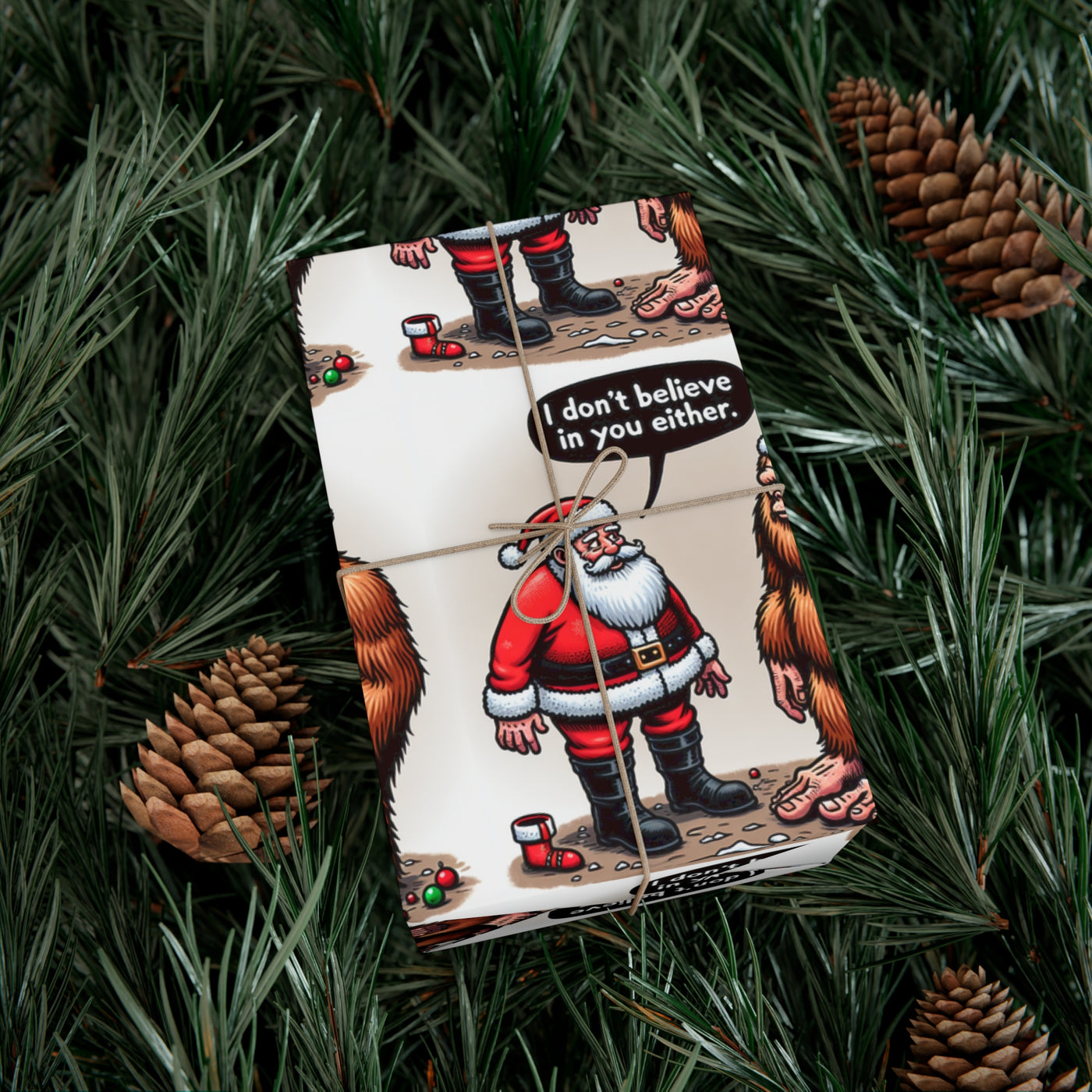 Wrapping paper with Santa and Bigfoot shaking hands and a speech bubble saying "I don't believe in you either".
