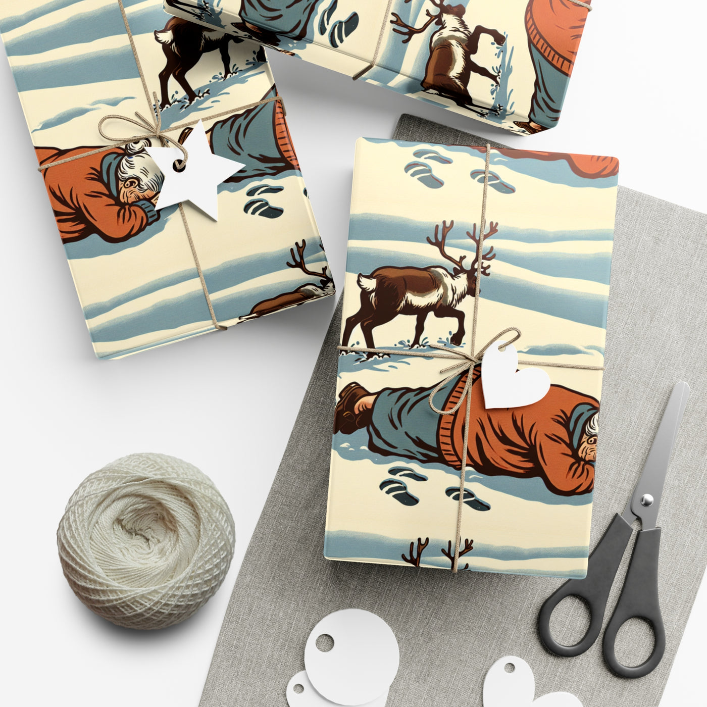 Gift wrap with a vintage illustration of a person and reindeer in the snow.