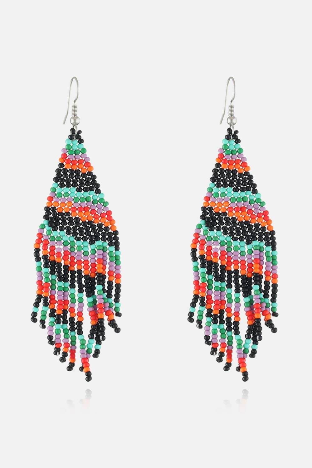 Colorful beaded fringe earrings with a triangular shape.