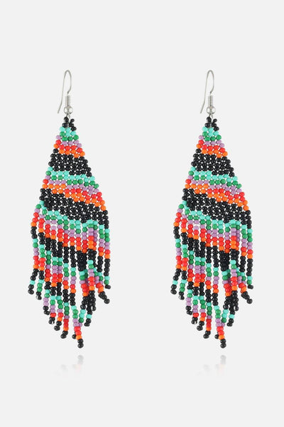 Colorful beaded fringe earrings with a triangular shape.