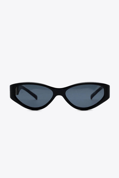 Black cat-eye sunglasses with dark lenses and a thick frame.