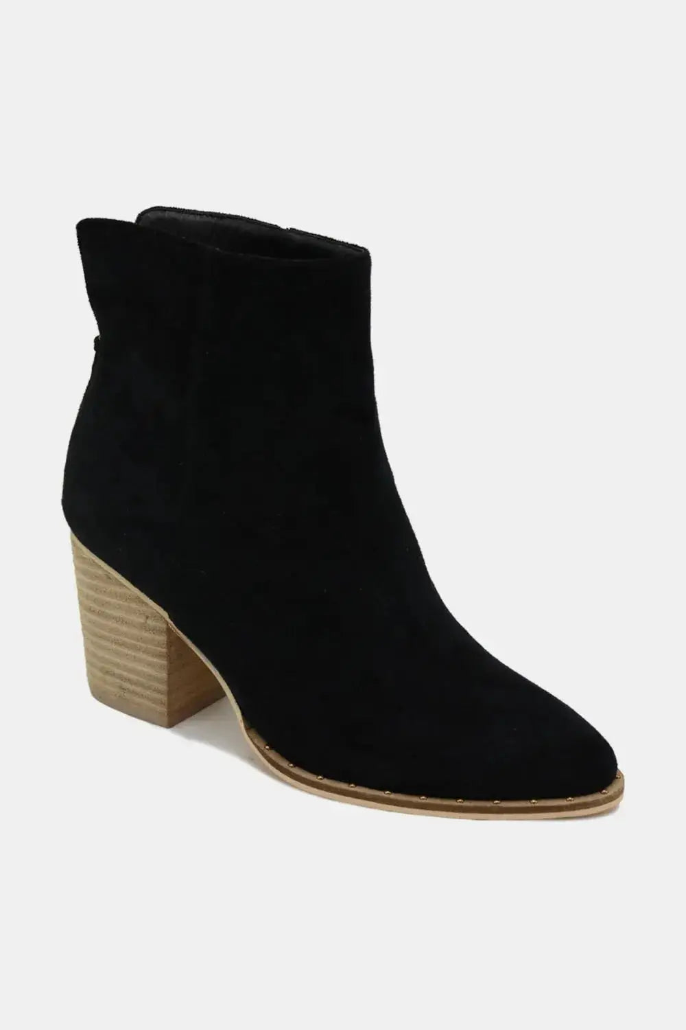 Black suede ankle booties with a pointed toe and wooden block heel.