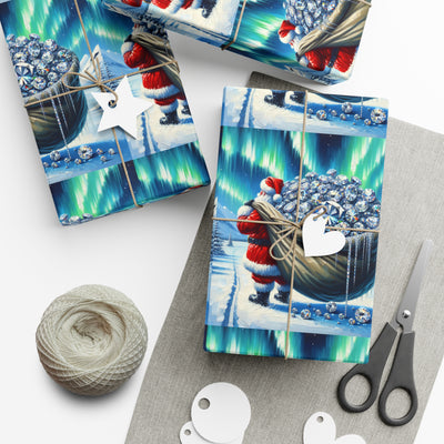 Wrapping paper with a Santa theme, featuring diamonds and the aurora borealis.