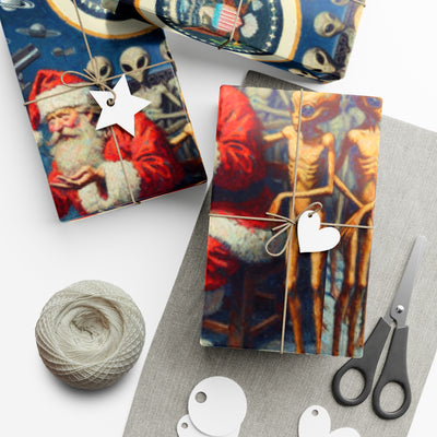 Vintage alien wrapping paper with Santa and aliens on a blue background.