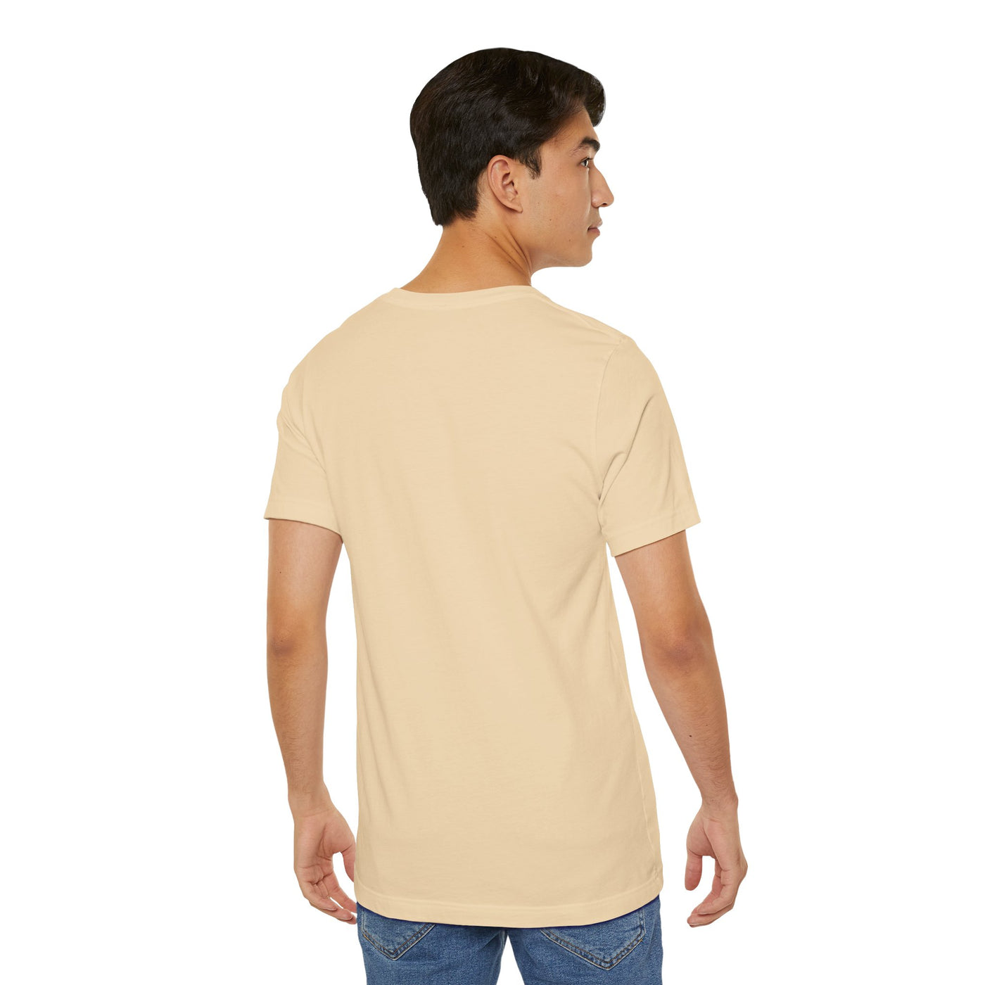 Men's light beige short-sleeve t-shirt, back view.