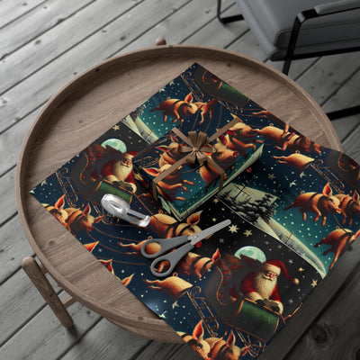Wrapping paper with Santa and flying pigs in a starry night sky.