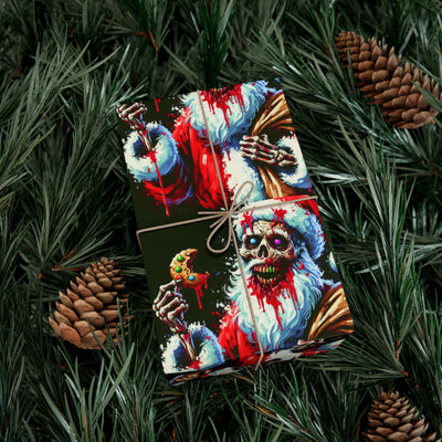 Zombie Santa gift wrap with pine needles and pine cones.