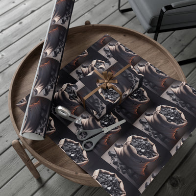 Gift wrap paper with a repeating pattern of burlap sacks filled with coal.