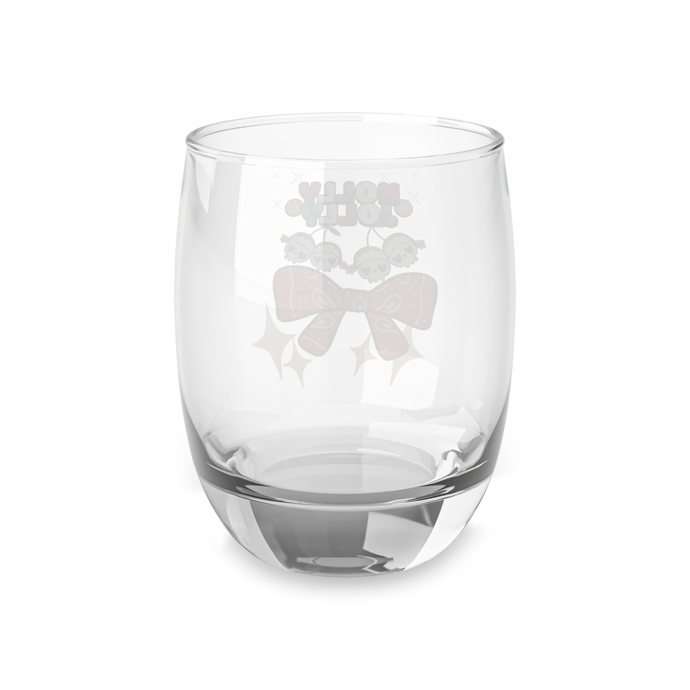 Holly Jolly Cherry Skulls whiskey glass with a bow and stars design.