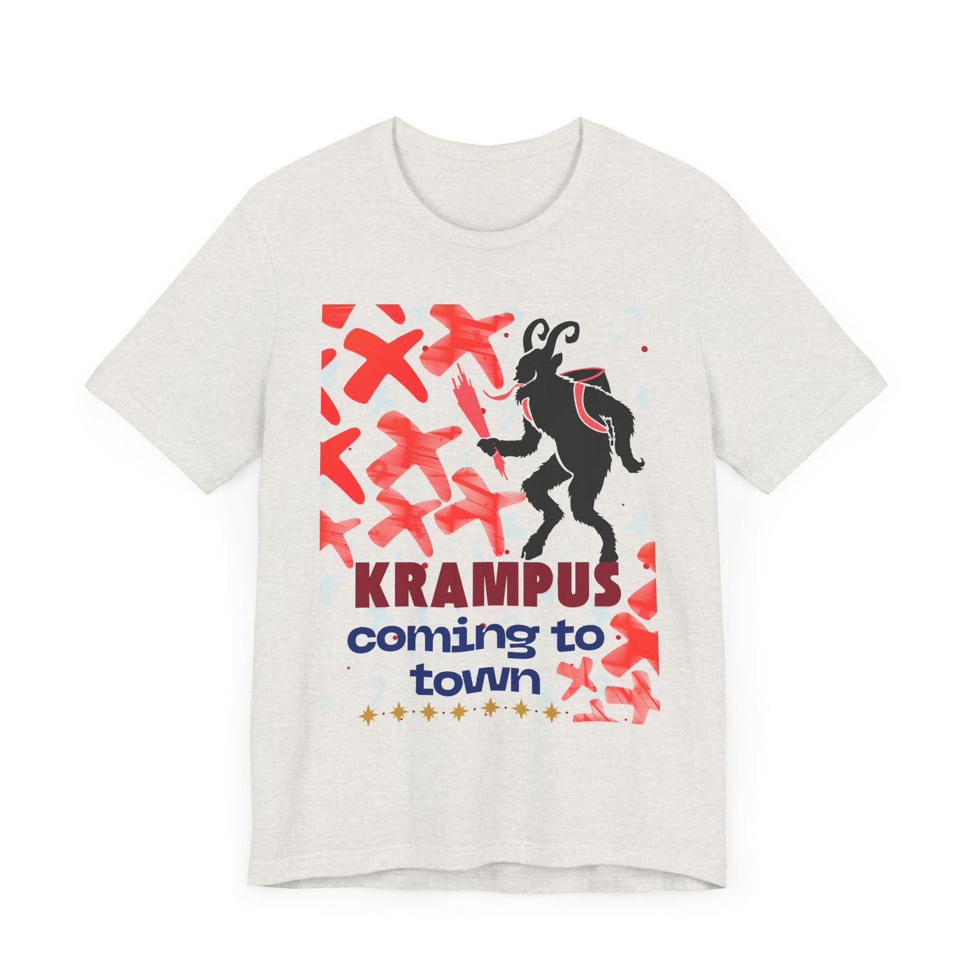 A light grey t-shirt with a black silhouette of Krampus and red abstract shapes.