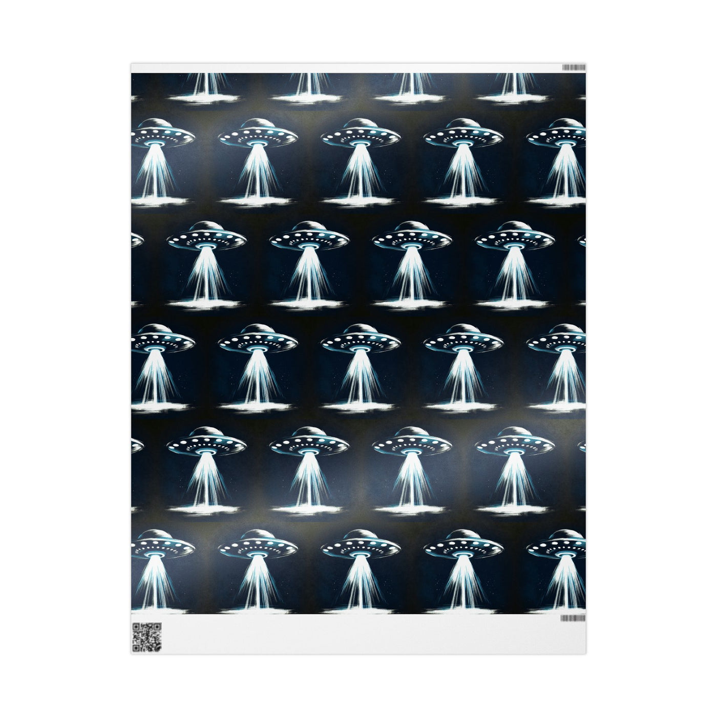 Wrapping paper with a repeating pattern of UFOs emitting beams of light.