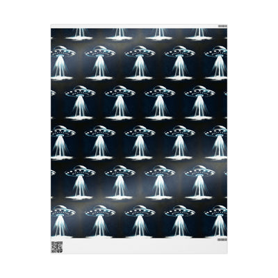 Wrapping paper with a repeating pattern of UFOs emitting beams of light.