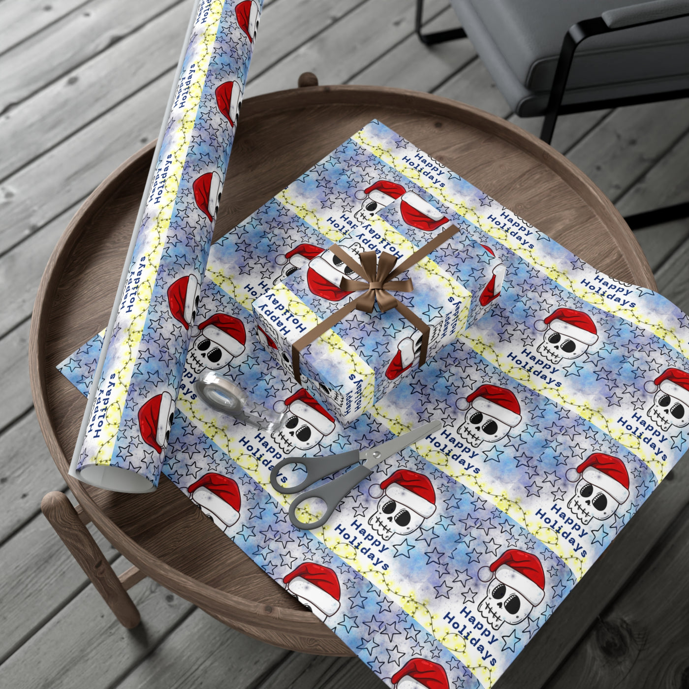 Gift wrap paper with a skull and star design, featuring a satin finish.