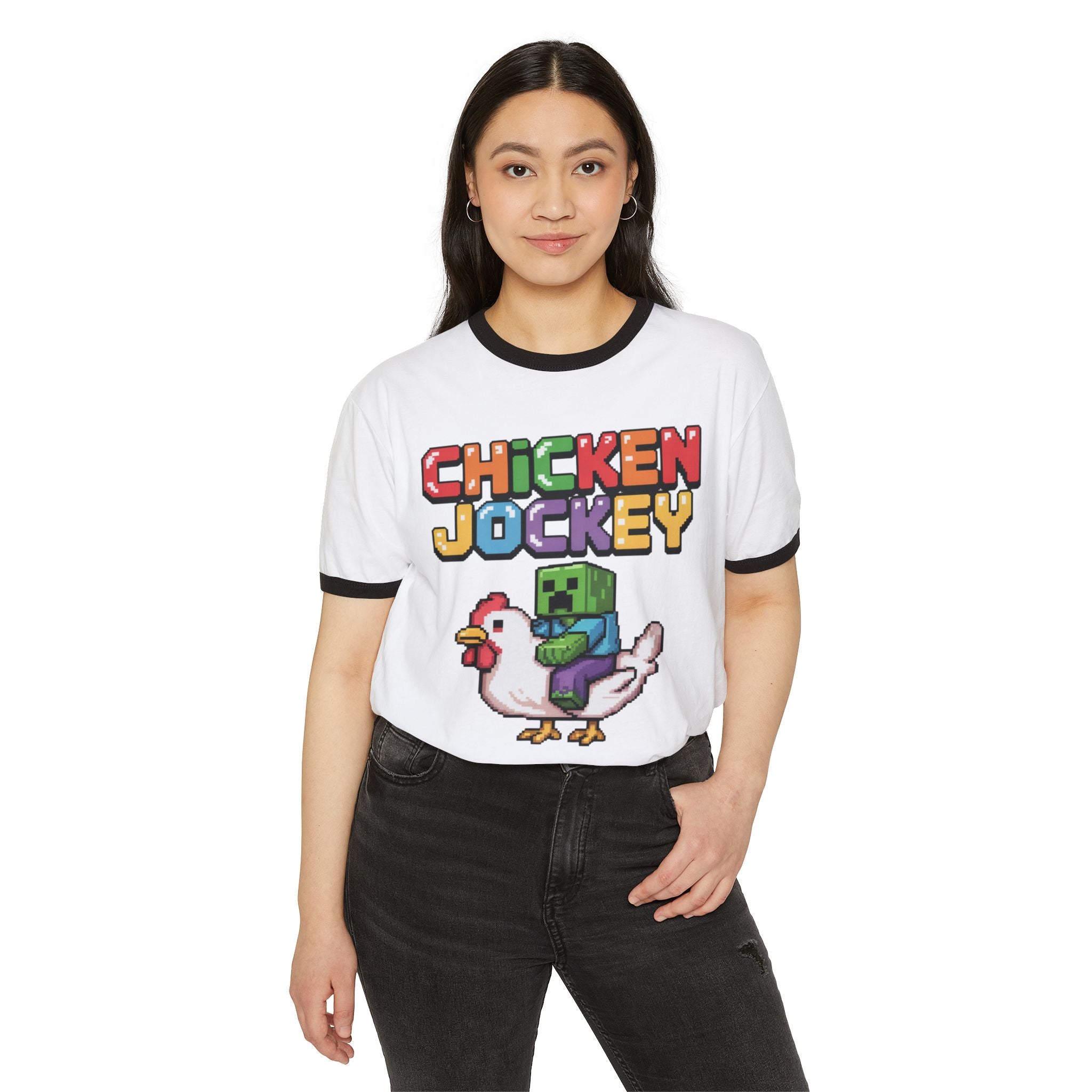 Minecraft Chicken Jockey Unisex Ringer T-Shirt, Gamer Tee, Funny Shirt, Casual Wear, Gift for Gamers, Playful Design