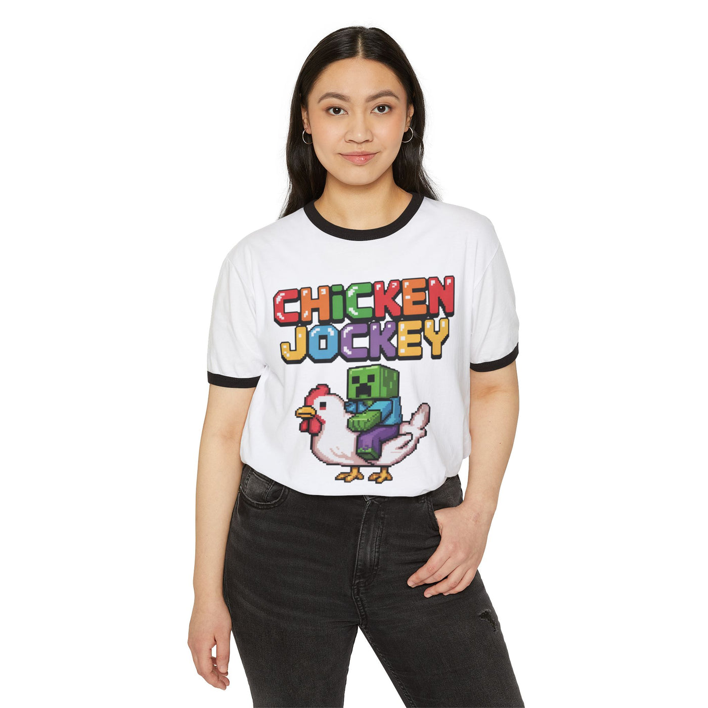 Craft Chicken Jockey Unisex Ringer T-Shirt, Gamer Tee, Funny Shirt, Casual Wear, Gift for Gamers, Playful Design