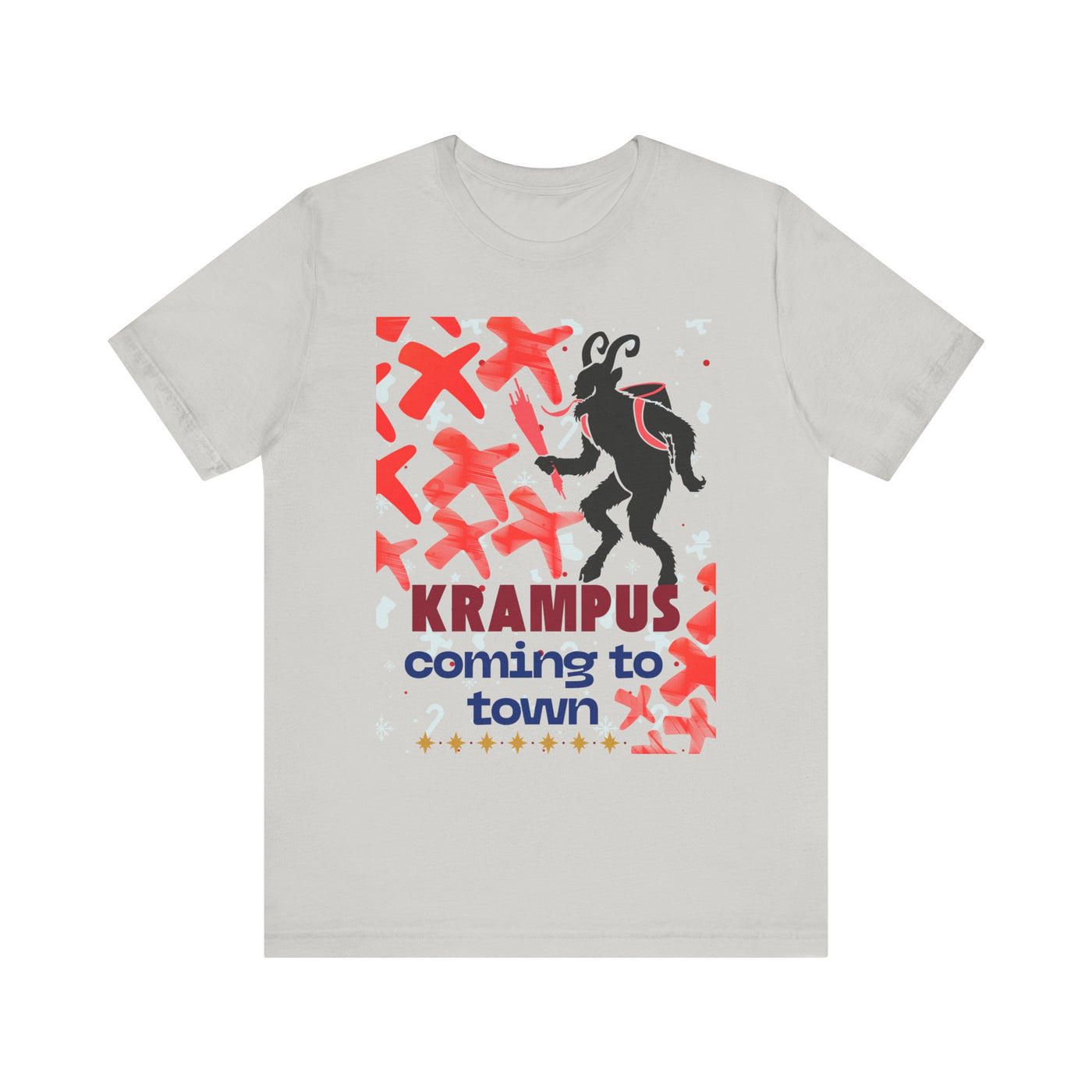 A light grey t-shirt with a black silhouette of Krampus and red graphic elements.
