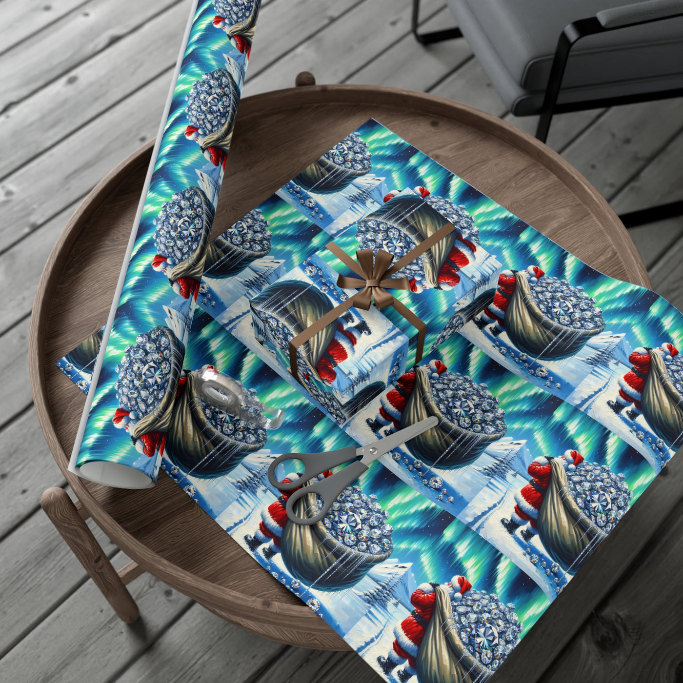 Wrapping paper with a Santa theme and a northern lights background.