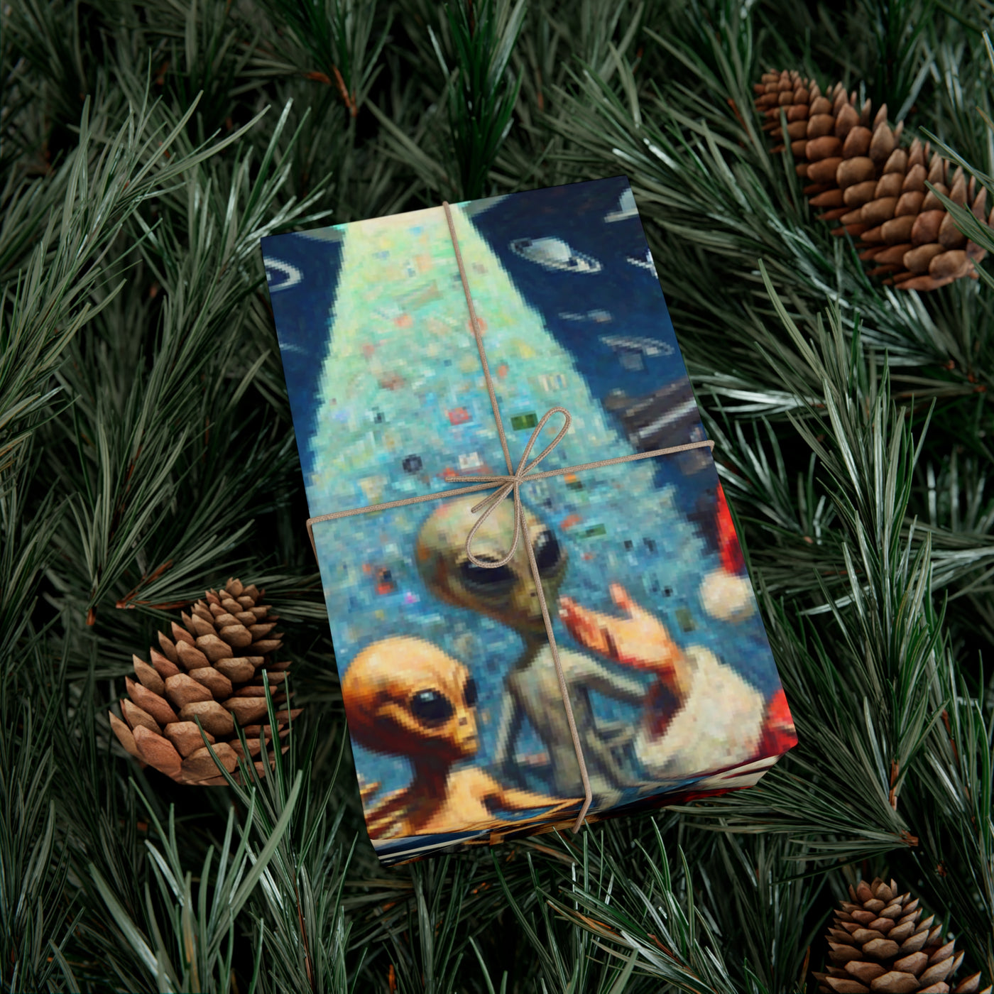 Vintage alien wrapping paper with a Christmas tree and pine cones.