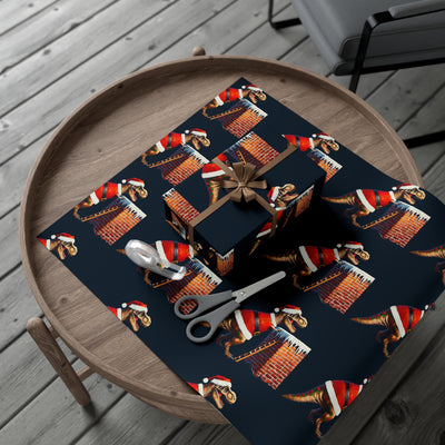 Gift wrap with a dark background featuring a repeating pattern of T-Rex dinosaurs in Santa hats climbing chimneys.