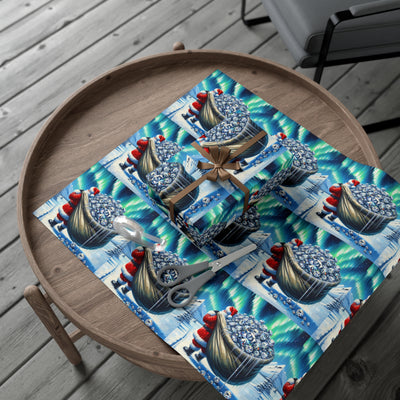 Gift wrap with a Santa theme, featuring a pattern of Santa carrying a sack of diamonds under the aurora borealis.
