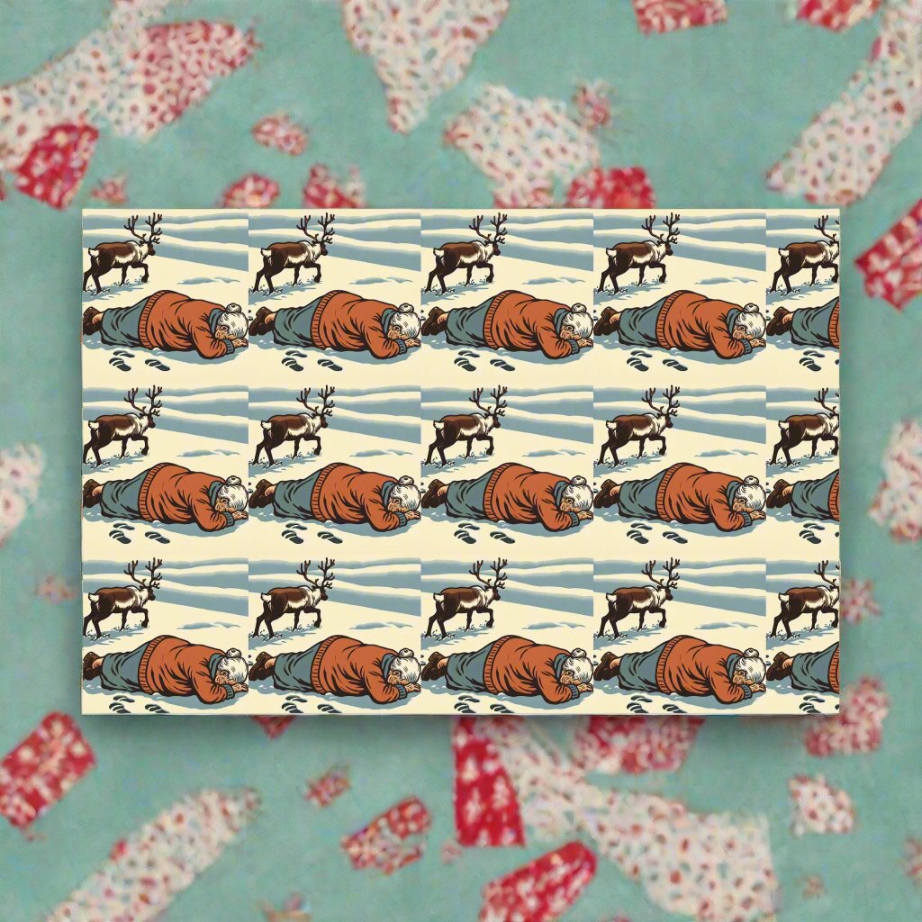 Wrapping paper with a repeating pattern of a person lying in the snow with reindeer.