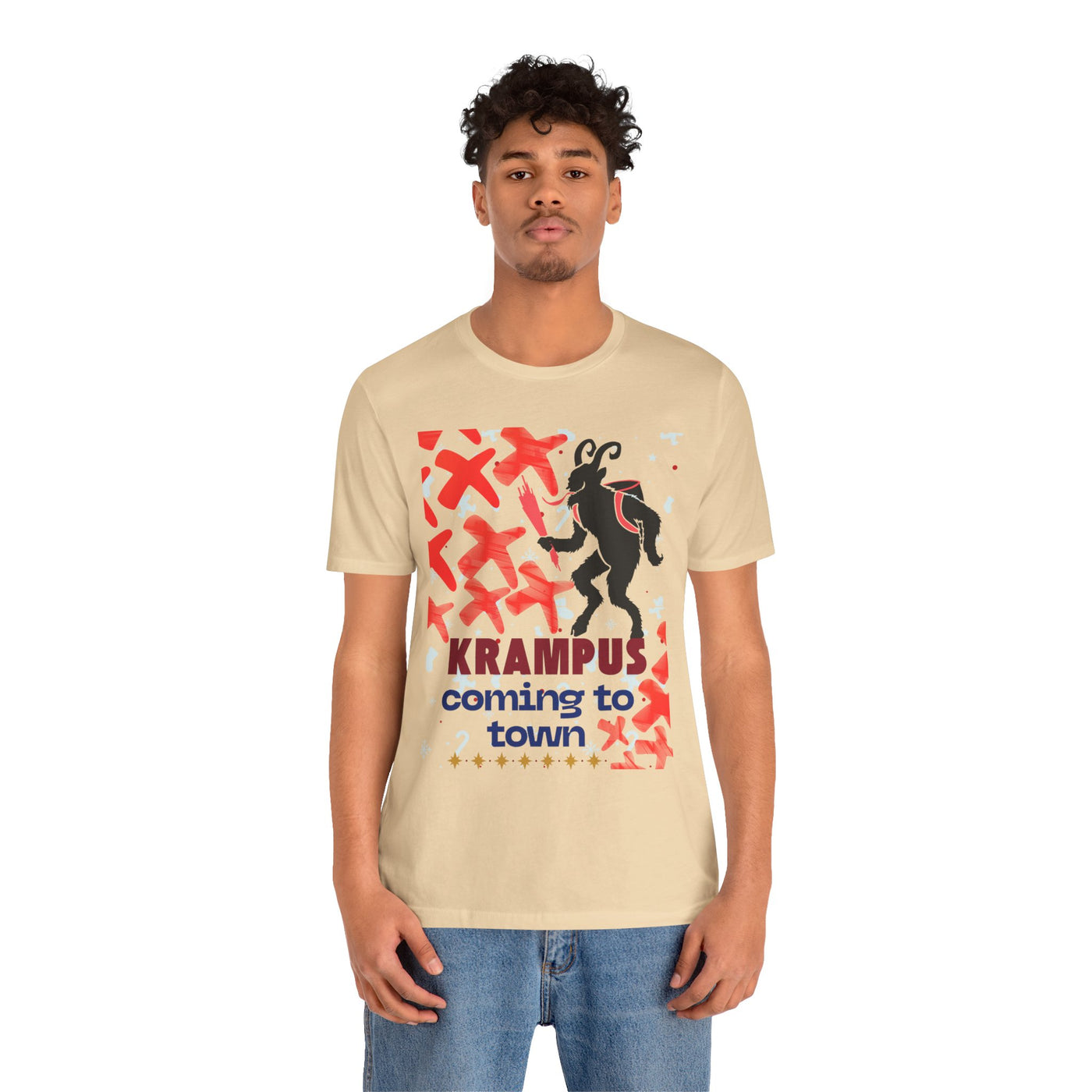 A beige t-shirt with a graphic of Krampus and the text "Krampus coming to town".