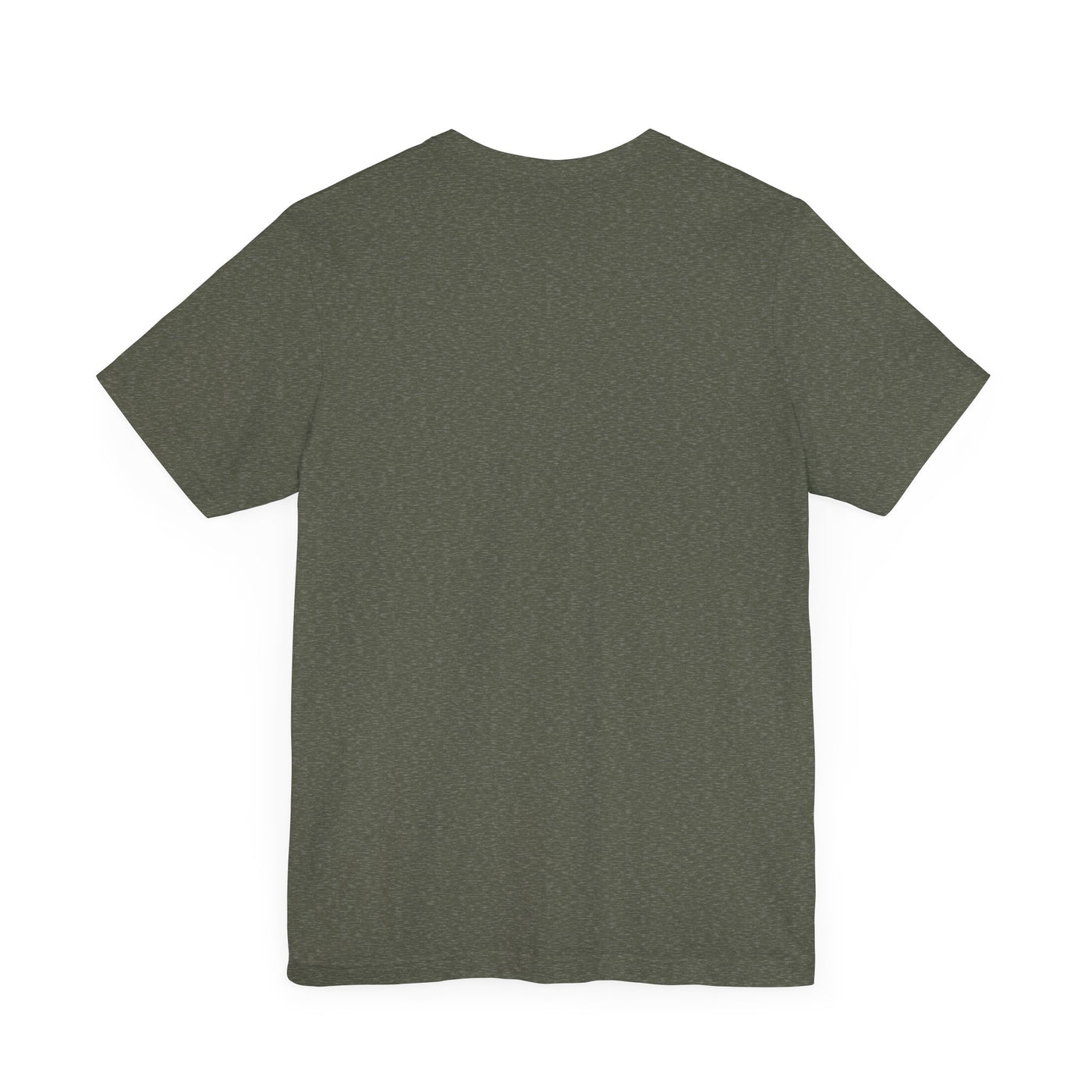 A heathered olive green unisex t-shirt shown from the back.