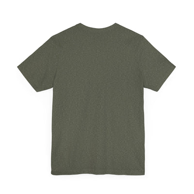A heathered olive green unisex t-shirt shown from the back.