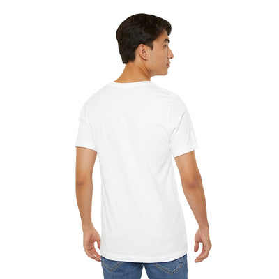 A man wearing a white t-shirt and blue jeans, viewed from the back.