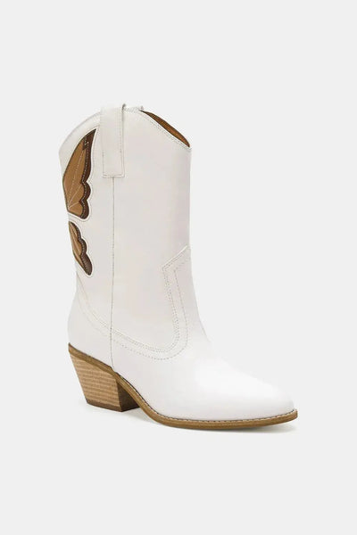 White PU leather cowboy boots with brown butterfly cut-out details.