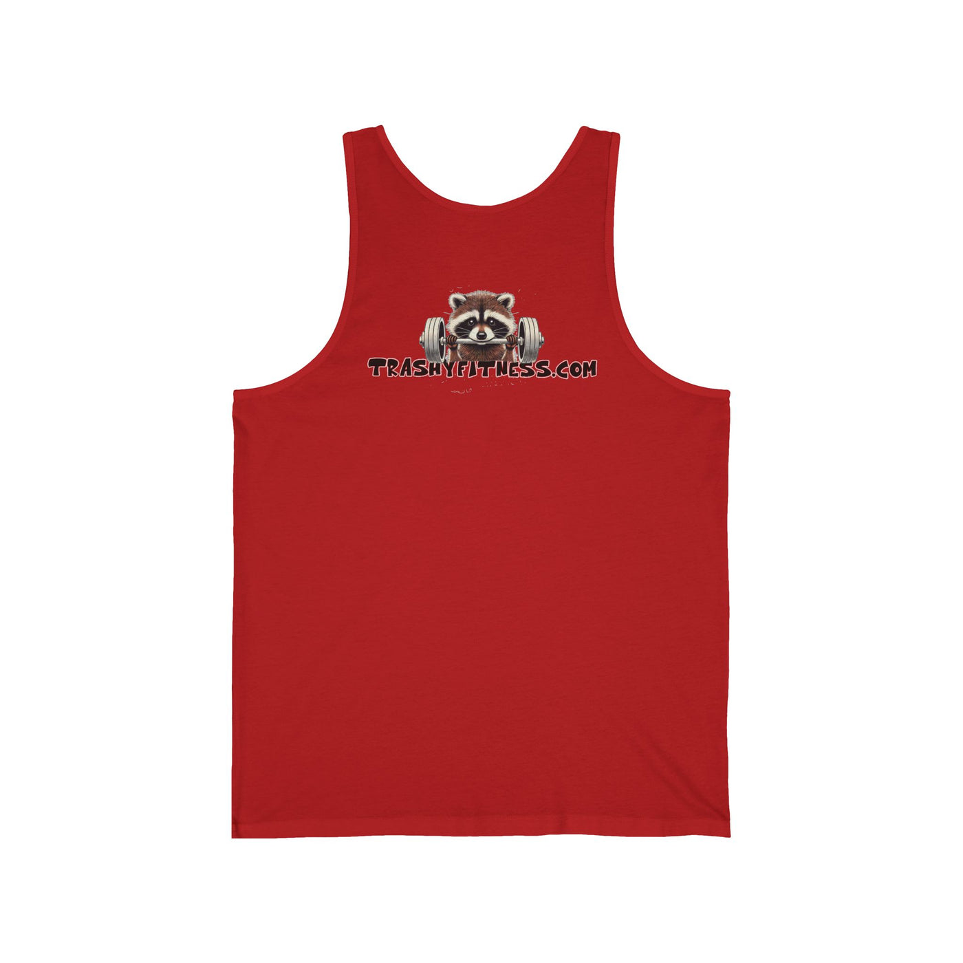 Red unisex jersey tank featuring a humorous raccoon lifting weights with the text 'TrashyFitness.com.' Soft cotton, gym-ready fitness wear.