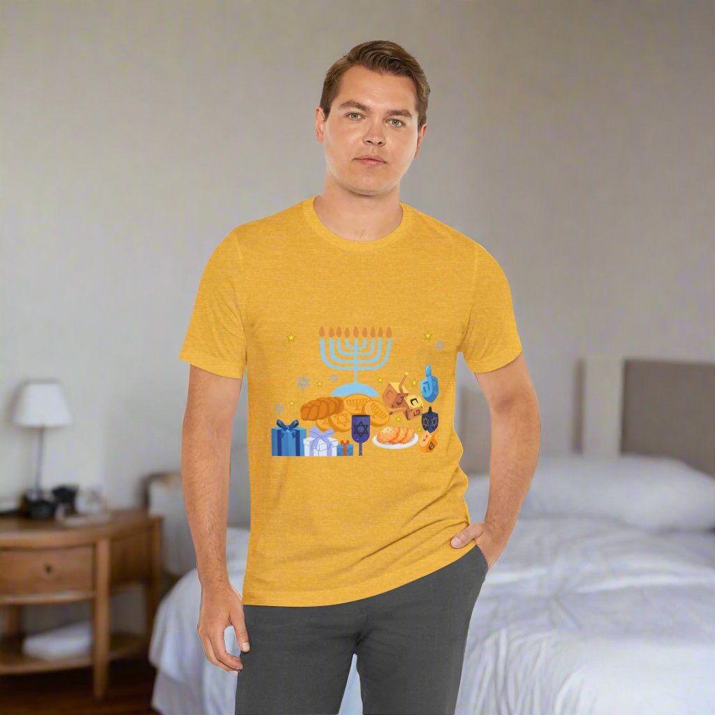 Men's yellow t-shirt with a Hanukkah graphic featuring a menorah, dreidels, and sufganiyot.