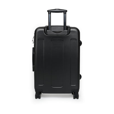 Back view of black suitcase with adjustable handle and swivel wheels, built for durability and travel convenience.