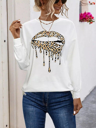 White long-sleeve t-shirt with a dripping leopard print lips graphic.