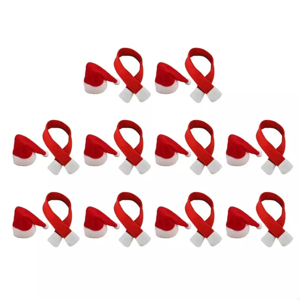 A set of 12 mini Santa hats and scarves for wine bottles.