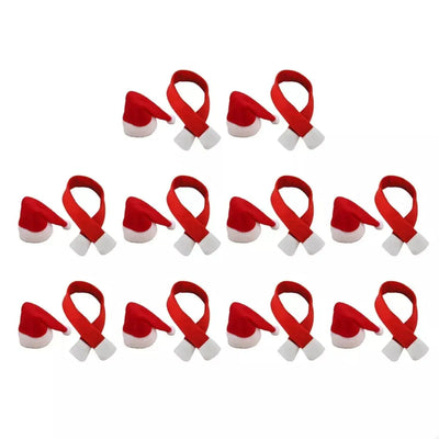A set of 12 mini Santa hats and scarves for wine bottles.