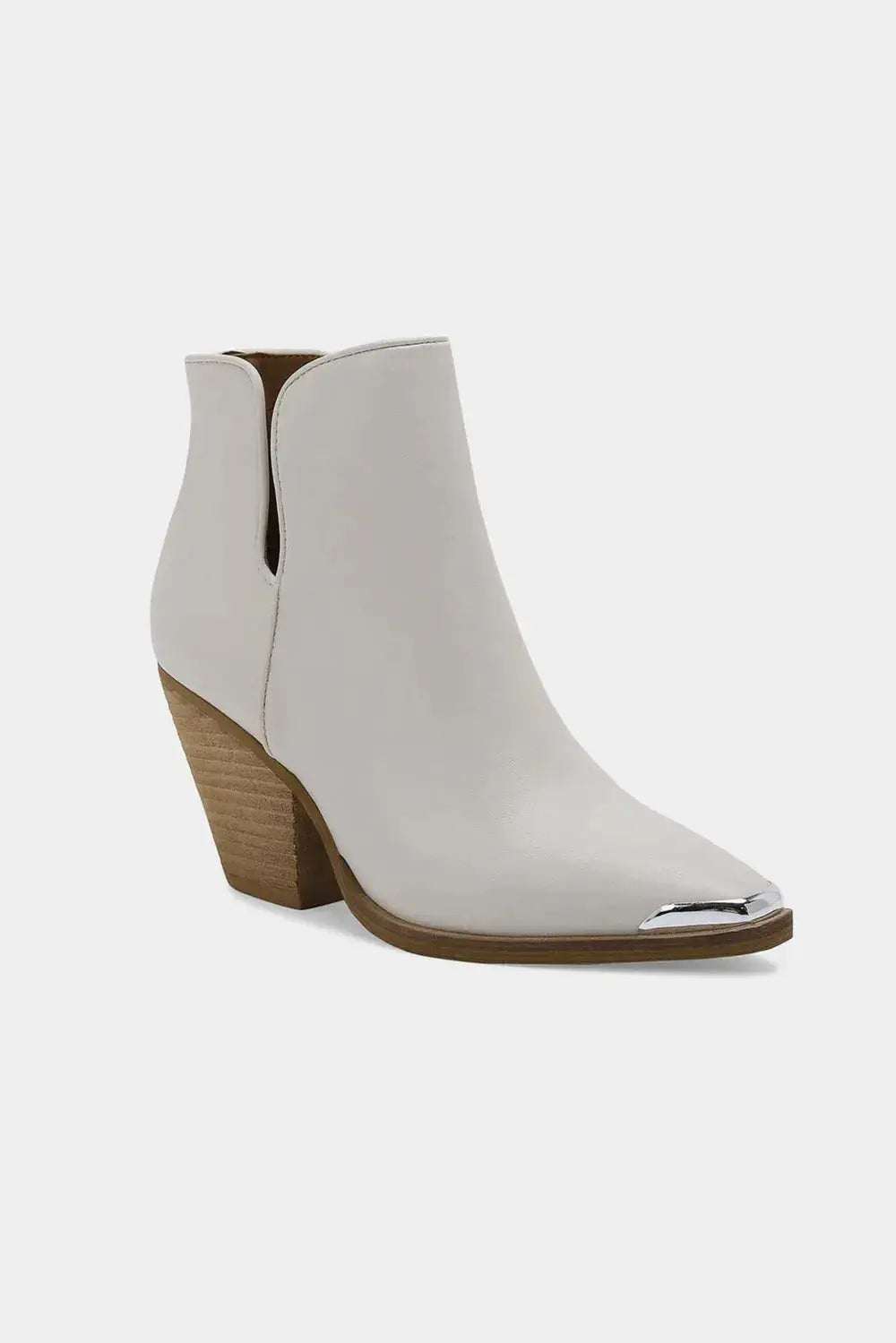 White PU leather ankle boots with a pointed toe, metal tip, and block heel.