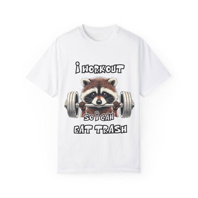 White T-shirt featuring a cute raccoon lifting weights with the text 'I Workout So I Can Eat Trash.' Soft, durable, and perfect for gym humor lovers.