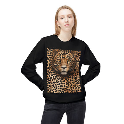 Black sweatshirt with a realistic cheetah face print.