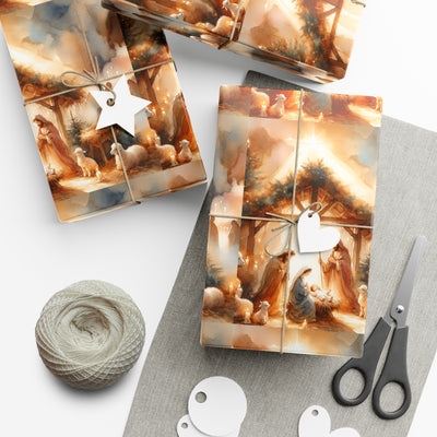 Christmas gift wrap featuring an elegant watercolor nativity scene with Mary, Joseph, baby Jesus, and sheep.