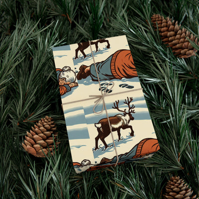 Gift wrap with a vintage illustration of a reindeer and a person in the snow.