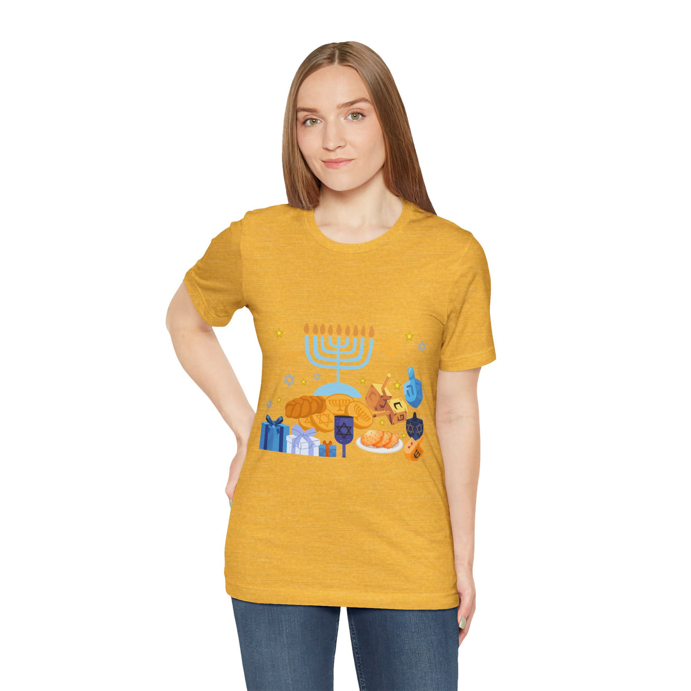 Unisex yellow t-shirt with a Hanukkah graphic featuring a menorah, dreidels, and gifts.