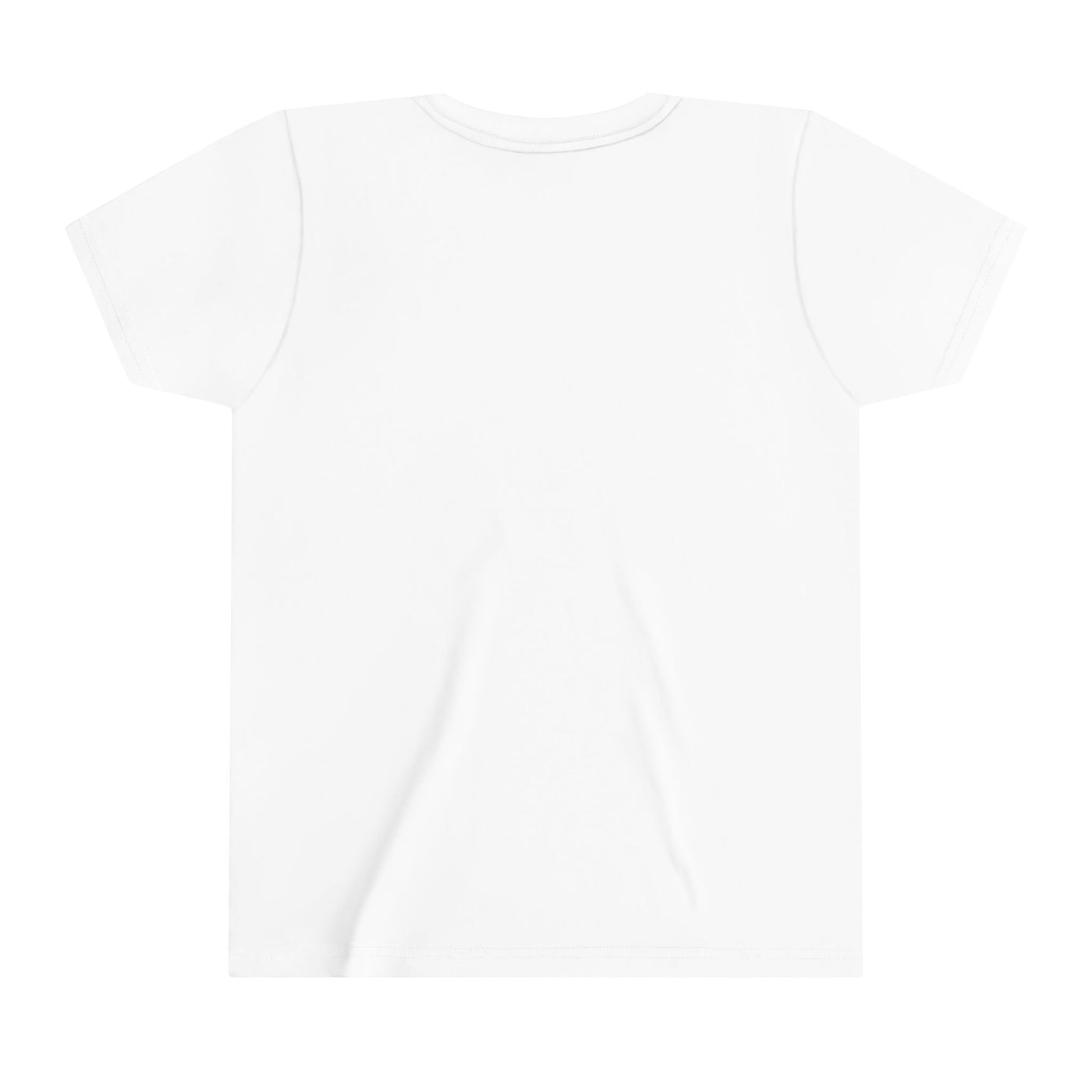 White youth t-shirt with short sleeves and a crew neck.