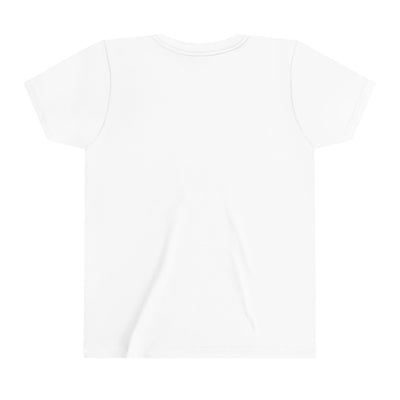 White youth t-shirt with short sleeves and a crew neck.
